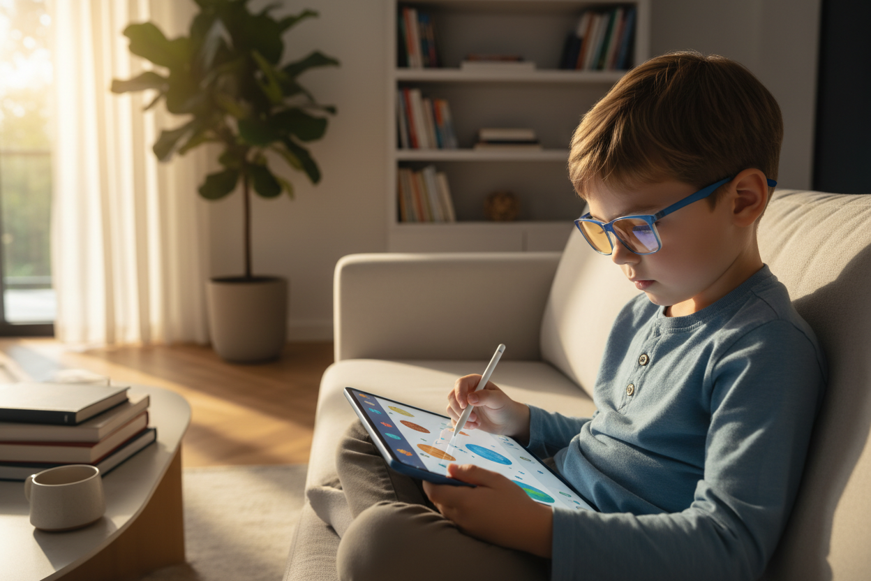 Child wearing blue-light glasses at screen