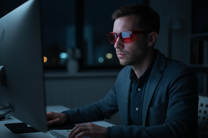 Person wearing red lens glasses at computer with glare